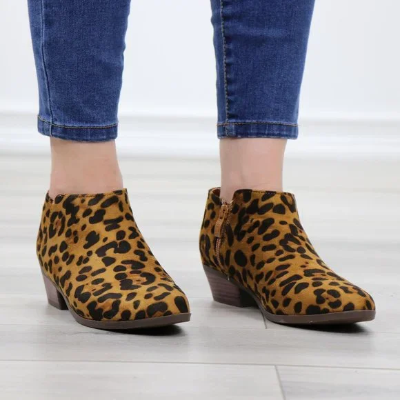 Faux Sude Leopard Low Heel Ankle Boots - Picture 4 of 13